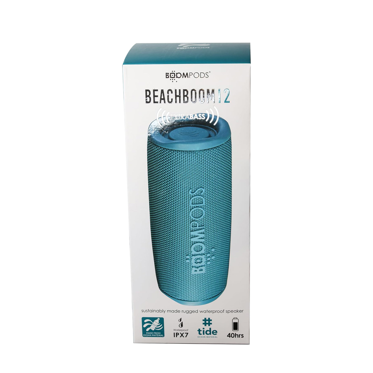 Confezione altoparlante turchese Boompods Beachboom 12 con dettagli.