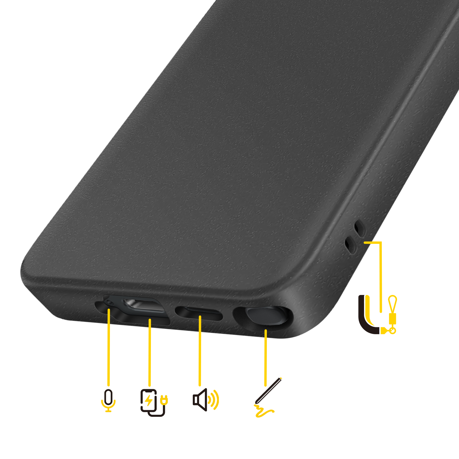 Schwarze Handyhülle mit Anschlüssen für Mikrofon, Ladeanschluss, Lautsprecher und Stift.