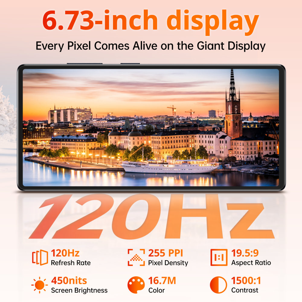 Pantalla de 6,73 pulgadas con 120 Hz, 255 PPI, 16,7 millones de colores.