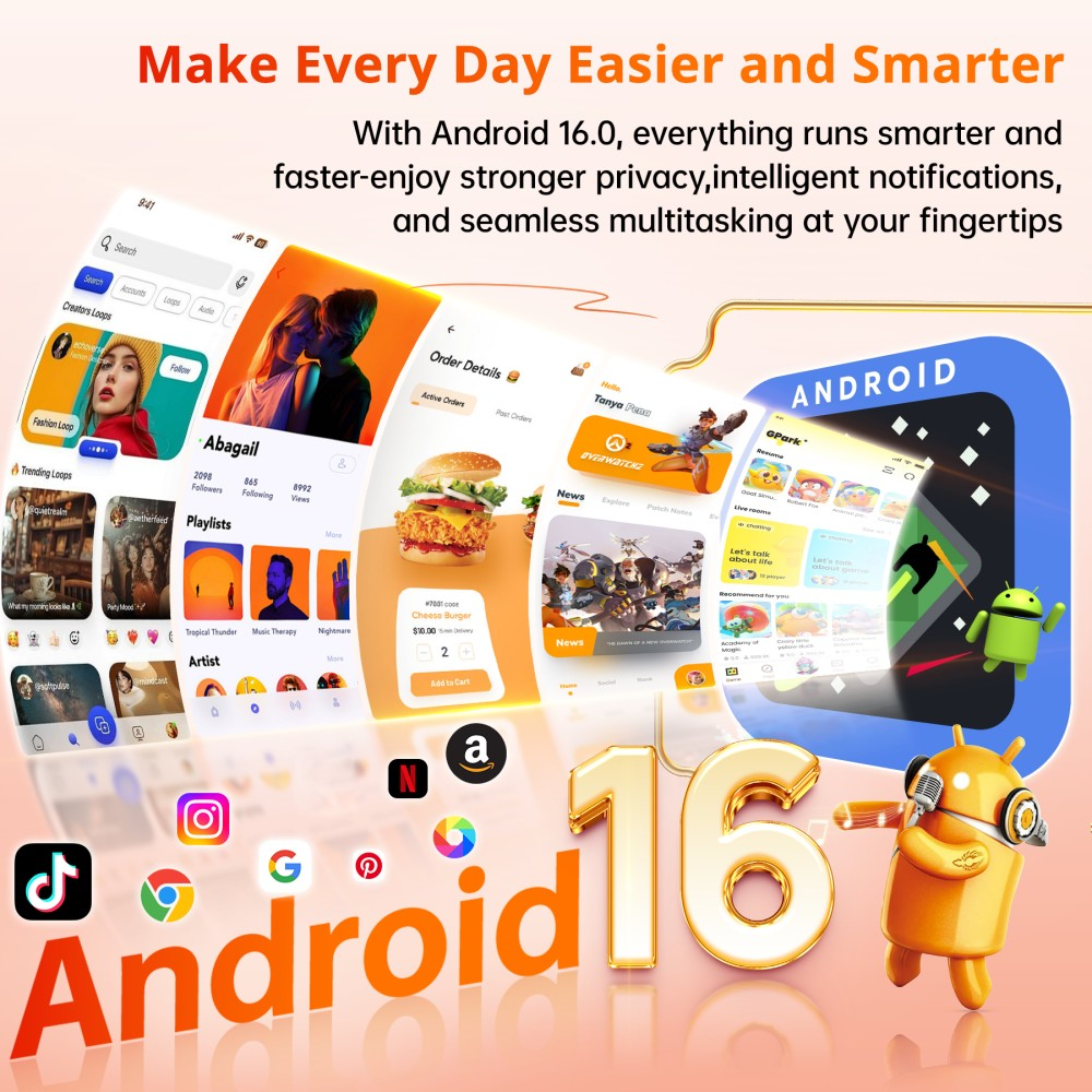 Pantalla de Android 16 con aplicaciones, hamburguesas y personajes de Android.