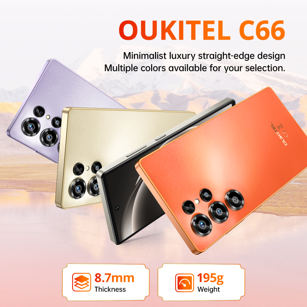 Tres teléfonos OUKITEL C66 en morado, dorado y naranja con cámaras.
