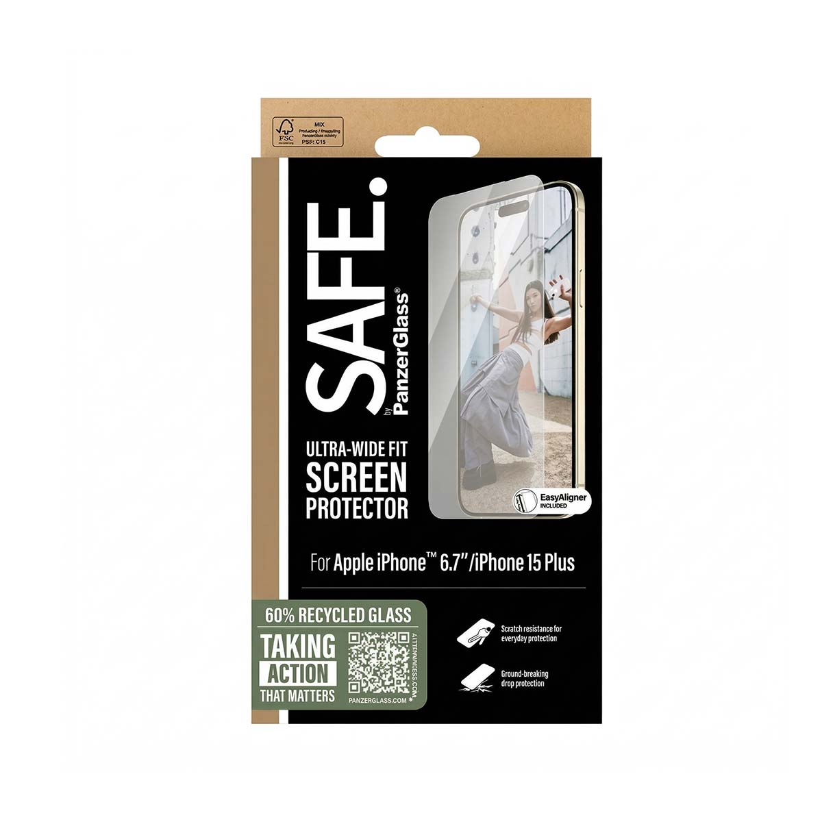Confezione per proteggi schermo SAFE per iPhone 15 Plus con EasyAligner.