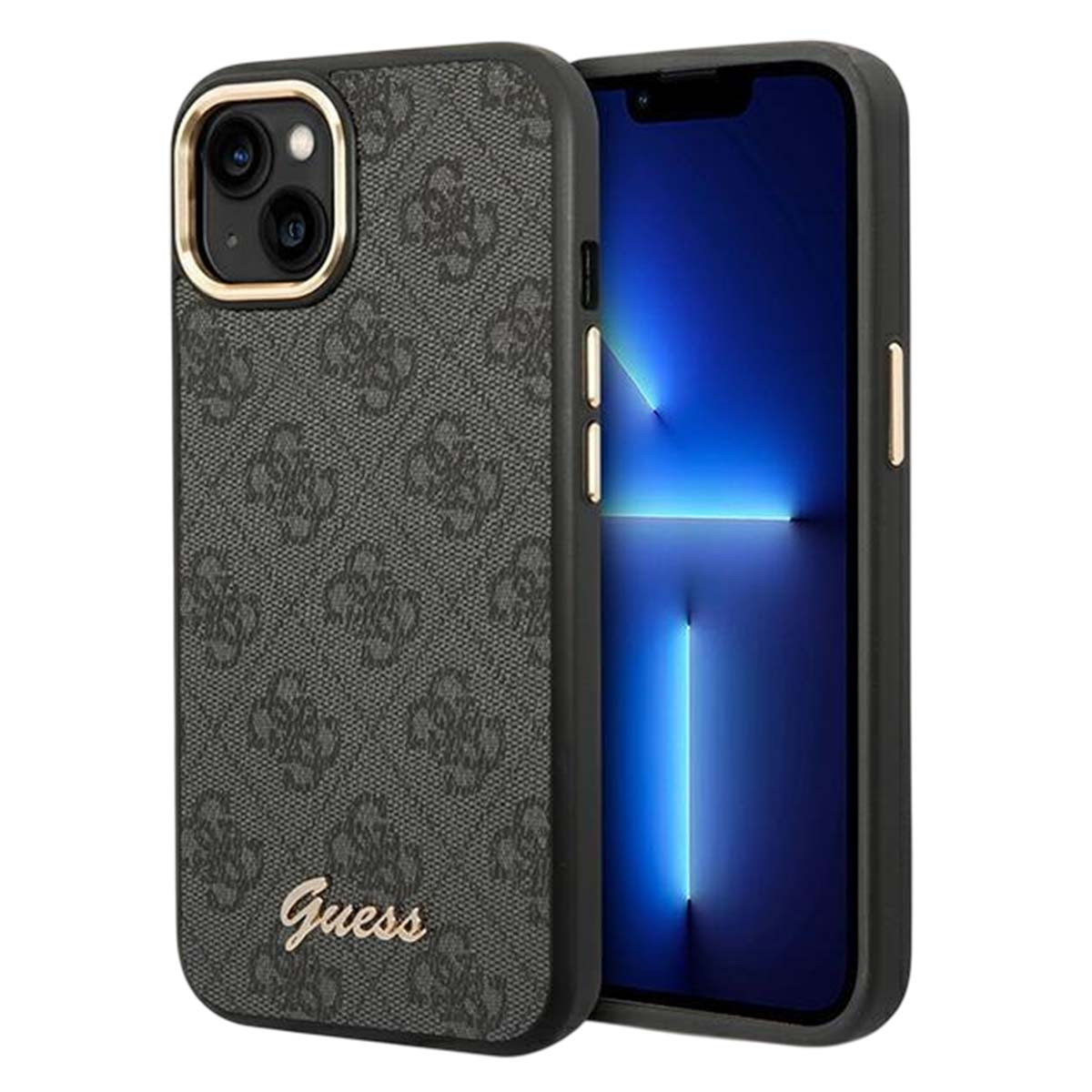 Una cover nera Guess con motivo a logo ripetuto e accenti dorati.