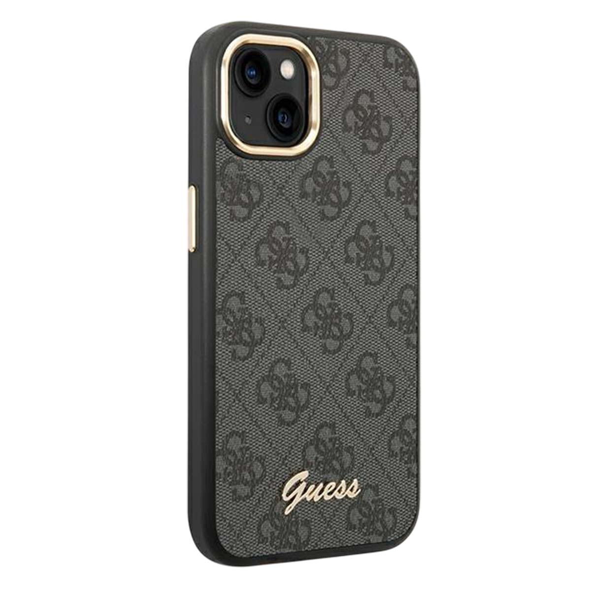 Custodia nera per telefono con motivo logo Guess, con doppia fotocamera sul retro.