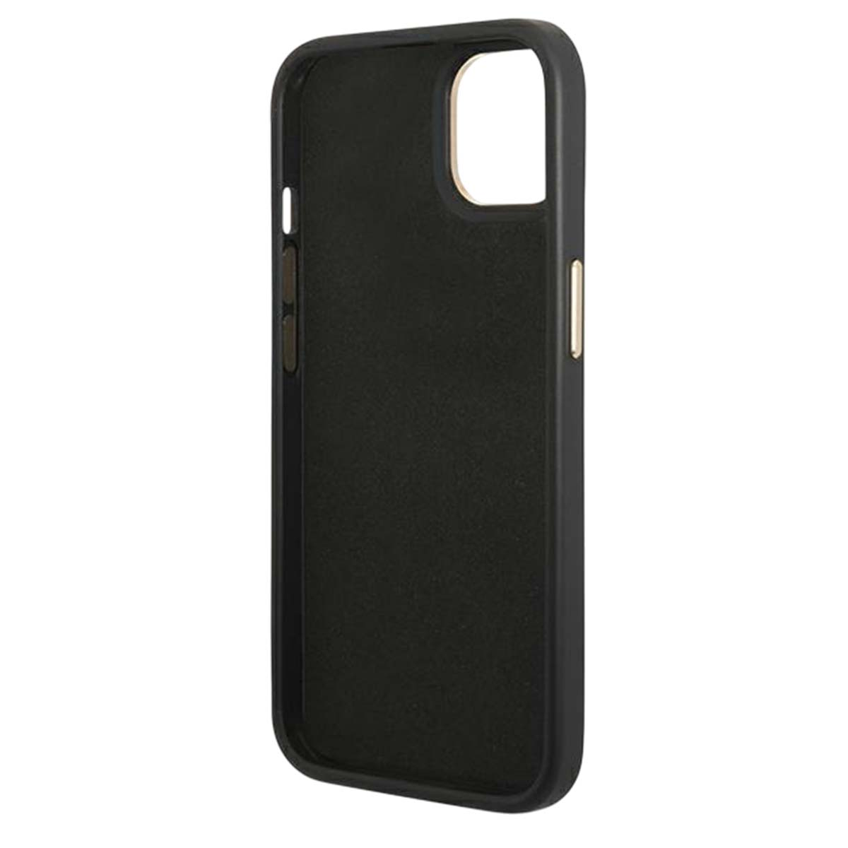 Custodia per telefono nera con ritaglio fotocamera e pulsanti laterali.