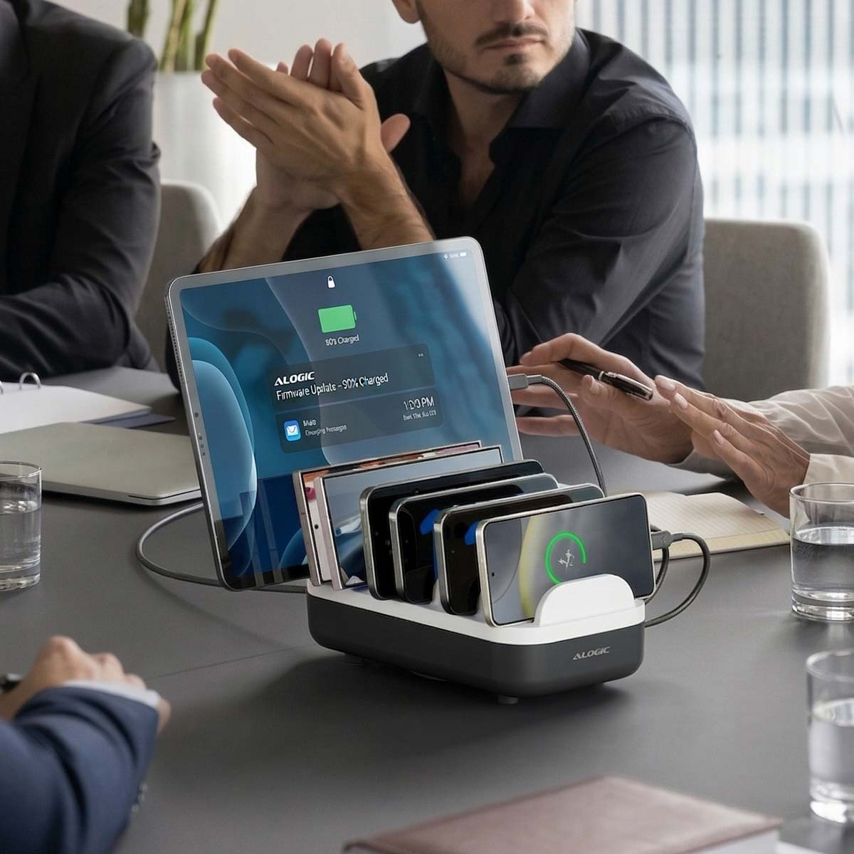 Eine Ladestation mit mehreren Handys und einem Tablet steht auf einem Tisch mit Personen drumherum.