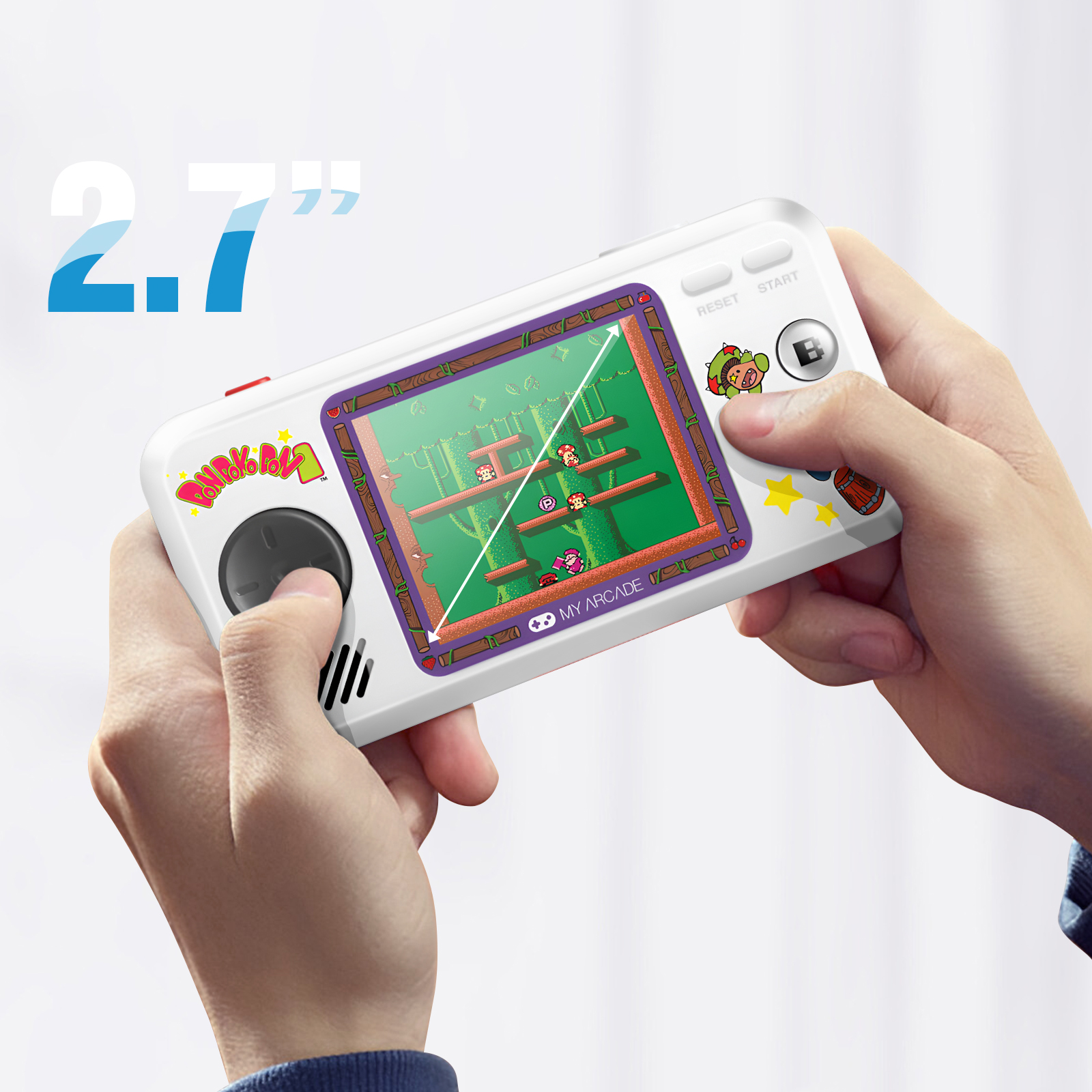 Una mano tiene una console di gioco portatile bianca con schermo da 2,7 pollici.