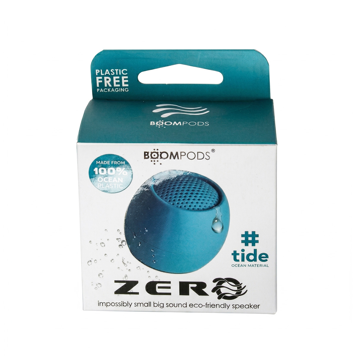 Emballage d'un haut-parleur bleu BoomPods Zero, avec des éléments de design d'ondes et de gouttes d'eau.
