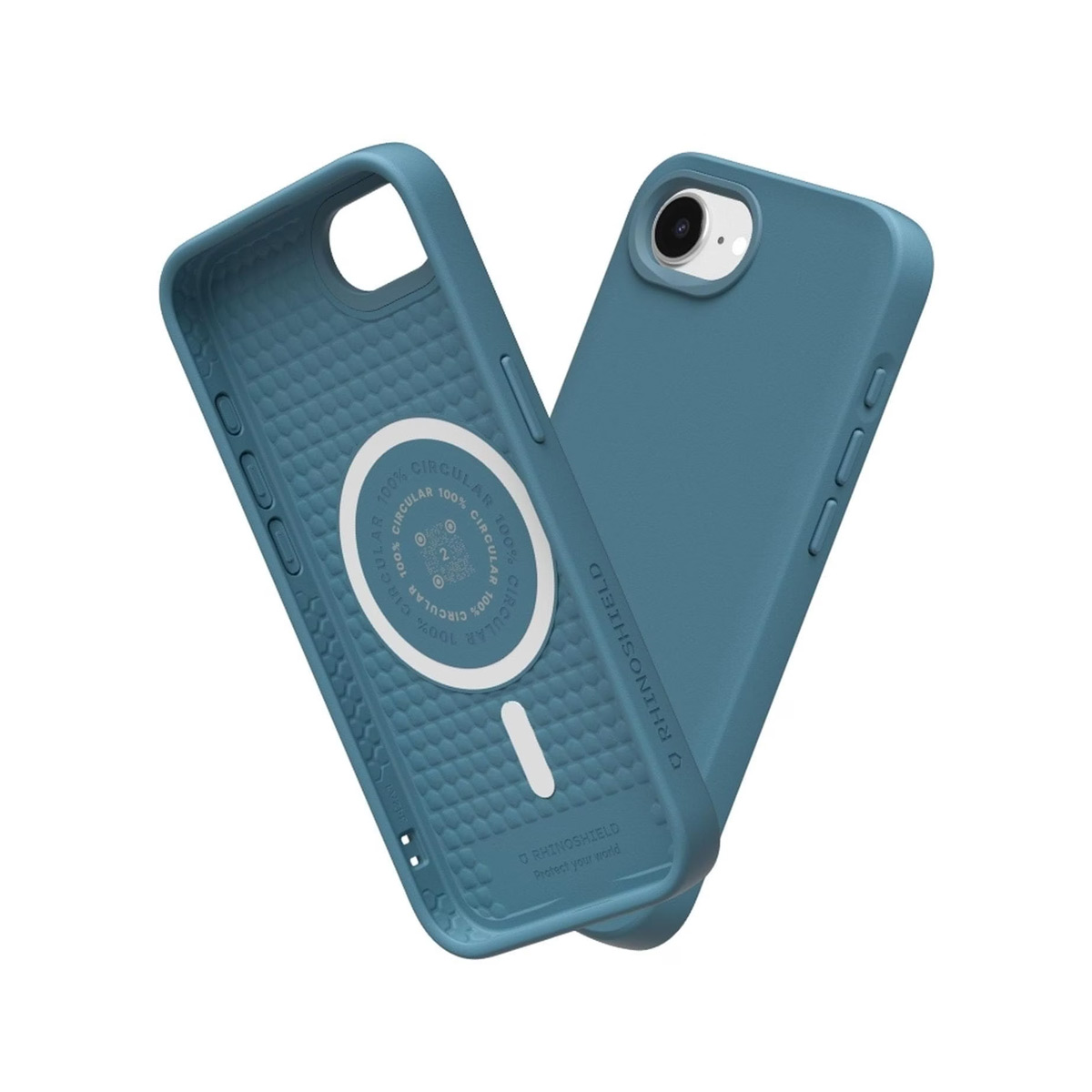 Een blauwe telefoonhoes en een telefoon met hoes.
