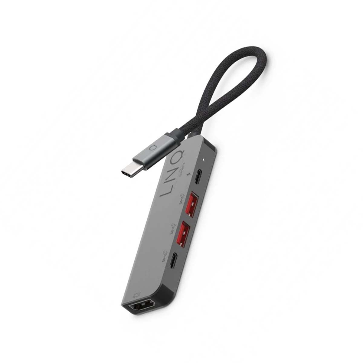 Hub USB-C grigio con porte HDMI, USB-A e cavo di ricarica.
