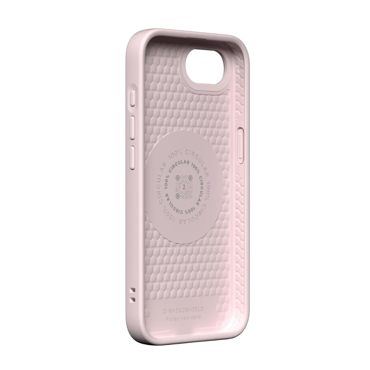 Een roze telefoonhoesje met honingraattextuur en cirkelvormige opdruk.