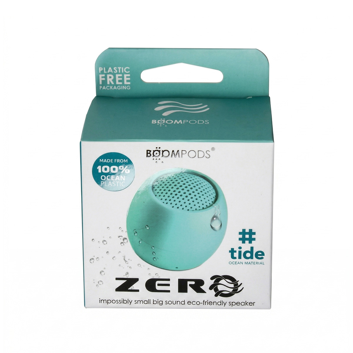 Boompods Lautsprecher Verpackung, aus 100% Ozeanplastik, türkis.