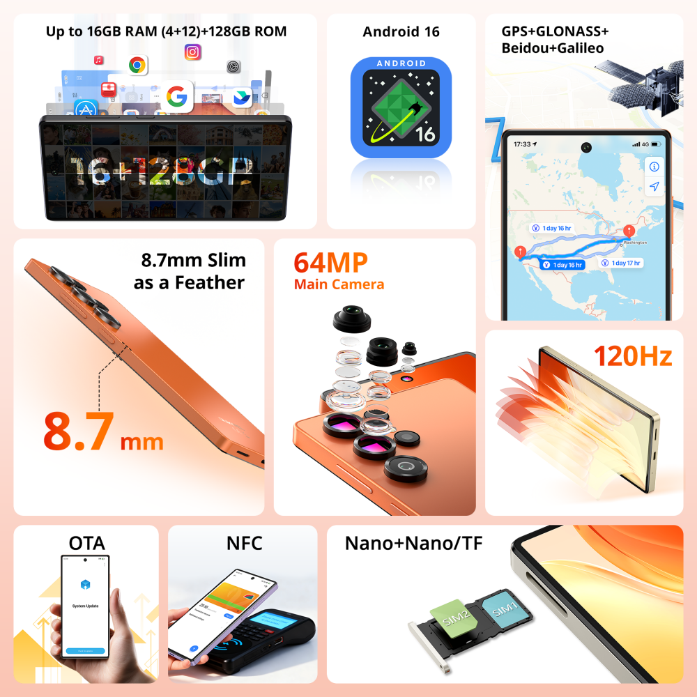 Un smartphone con 16 GB de RAM, 128 GB de ROM, Android 16, cámara de 64 MP, 120 Hz y GPS.