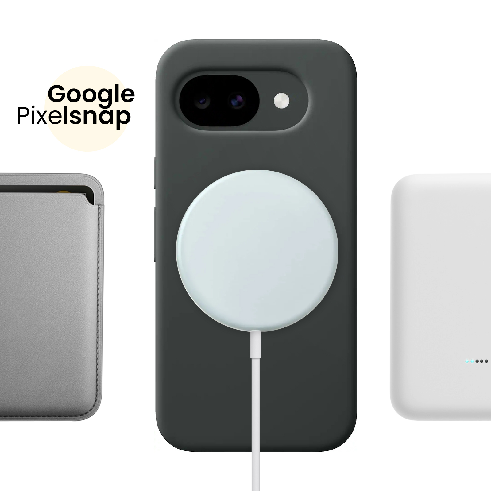 Custodia grigia per telefono, custodia nera con cerchio di ricarica, cavo bianco, dispositivo bianco.