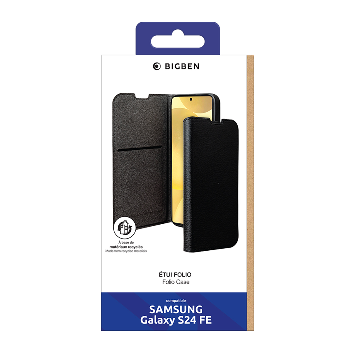 Confezione per una custodia a libro nera per Samsung Galaxy S24 FE.