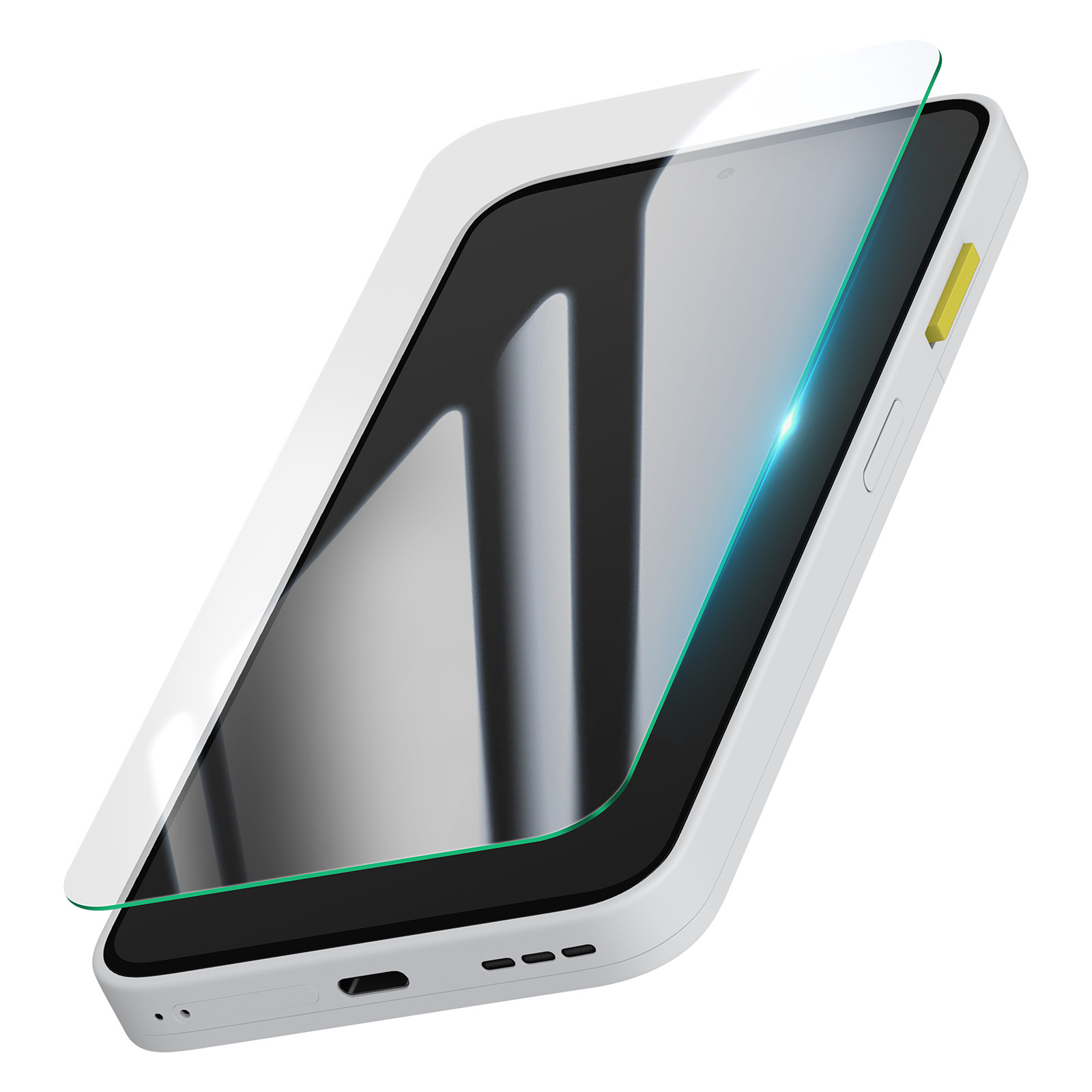 Uno smartphone bianco con pellicola protettiva, pulsante giallo, USB-C e griglia altoparlante.