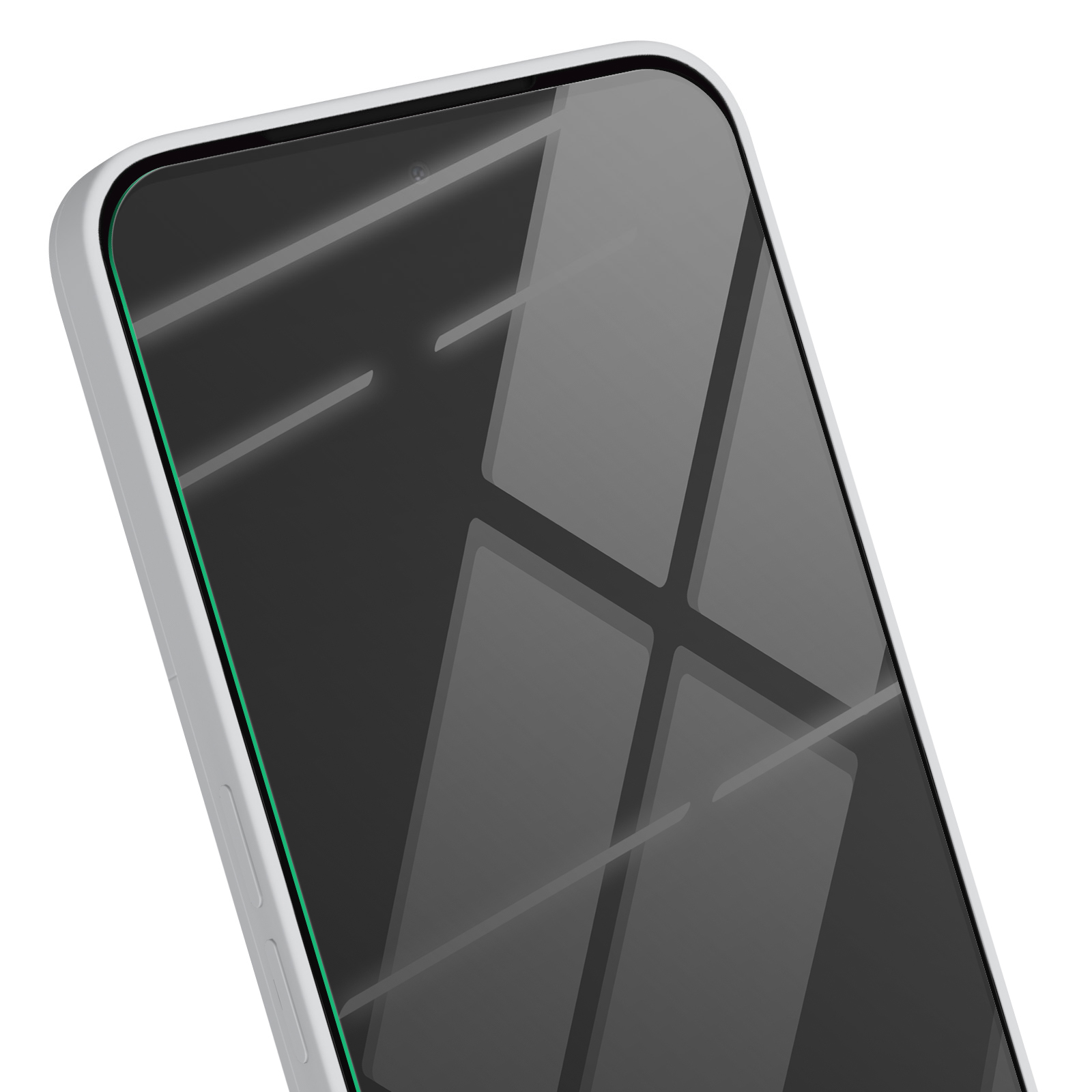 Primo piano di una custodia bianca per telefono con schermo arrotondato e linee riflettenti.