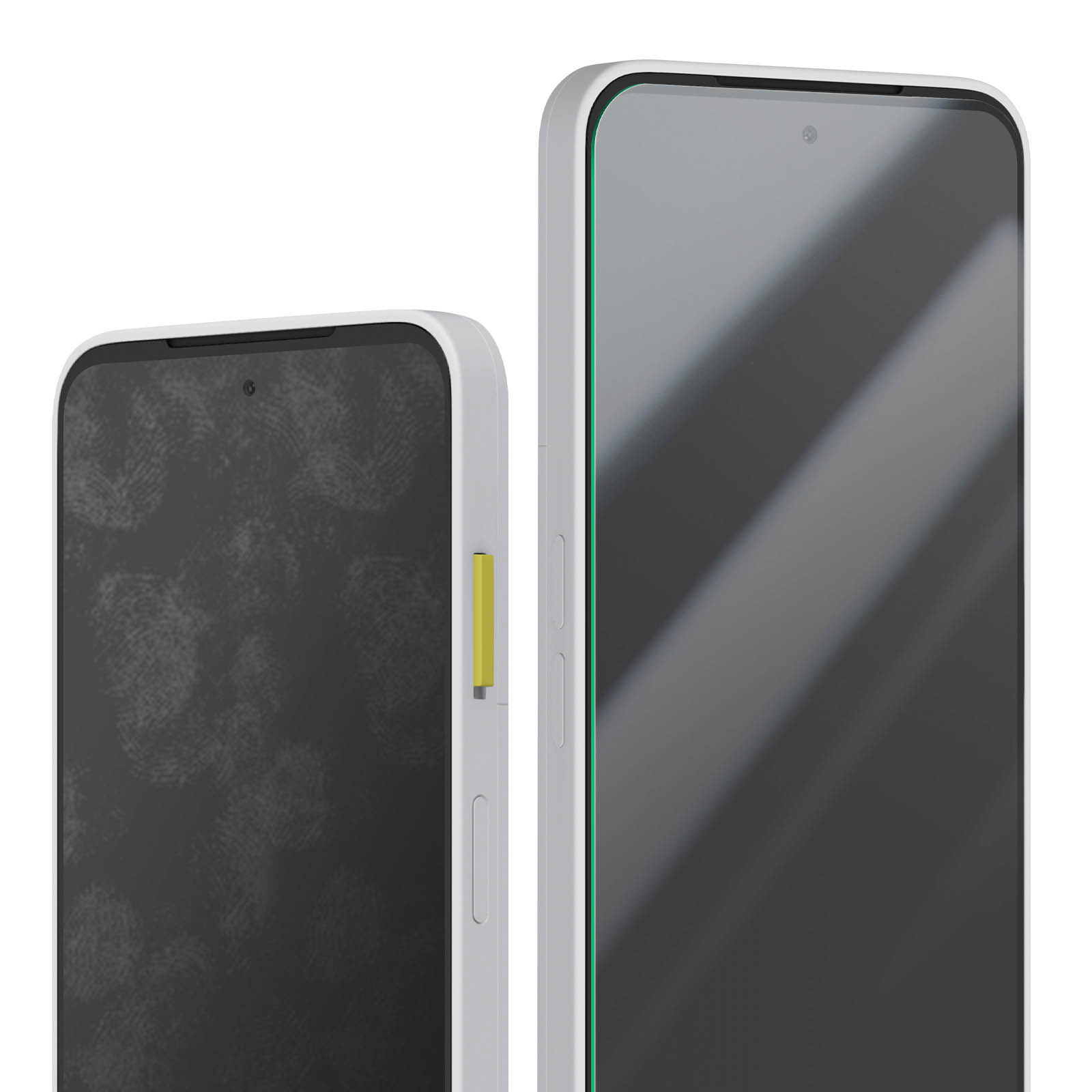 Due smartphone bianchi, uno con pulsante giallo, uno accanto all'altro.