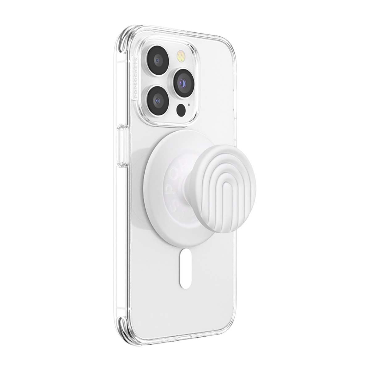 Una funda transparente para iPhone con un PopSocket blanco con diseño de arcoíris.