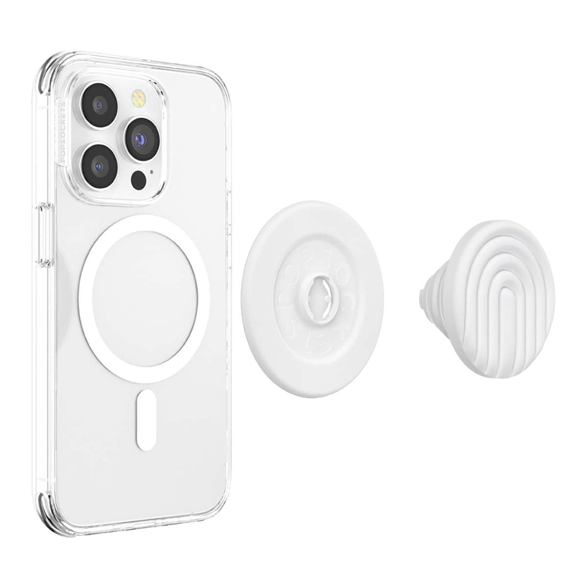 Una funda transparente para teléfono con anillo magnético, base PopSocket blanca y parte superior PopSocket blanca.