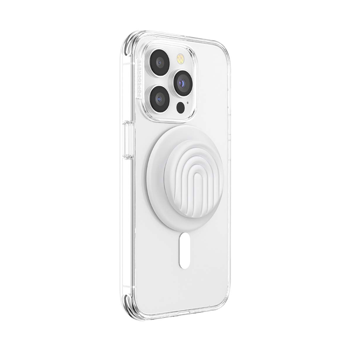 Funda transparente para teléfono con PopSocket blanco circular y diseño de arcoíris.