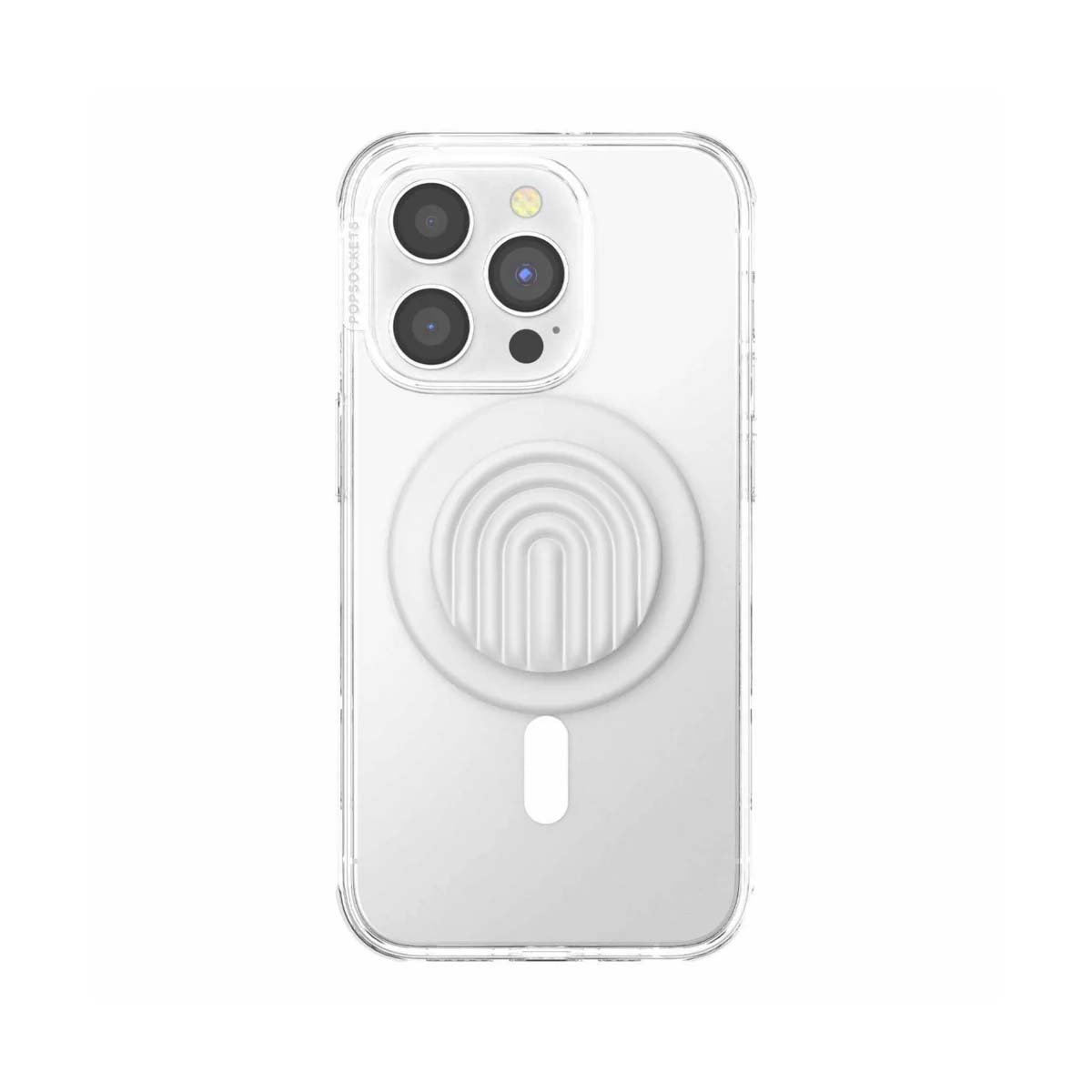 Funda transparente para iPhone con cámara dual y accesorio PopSocket.