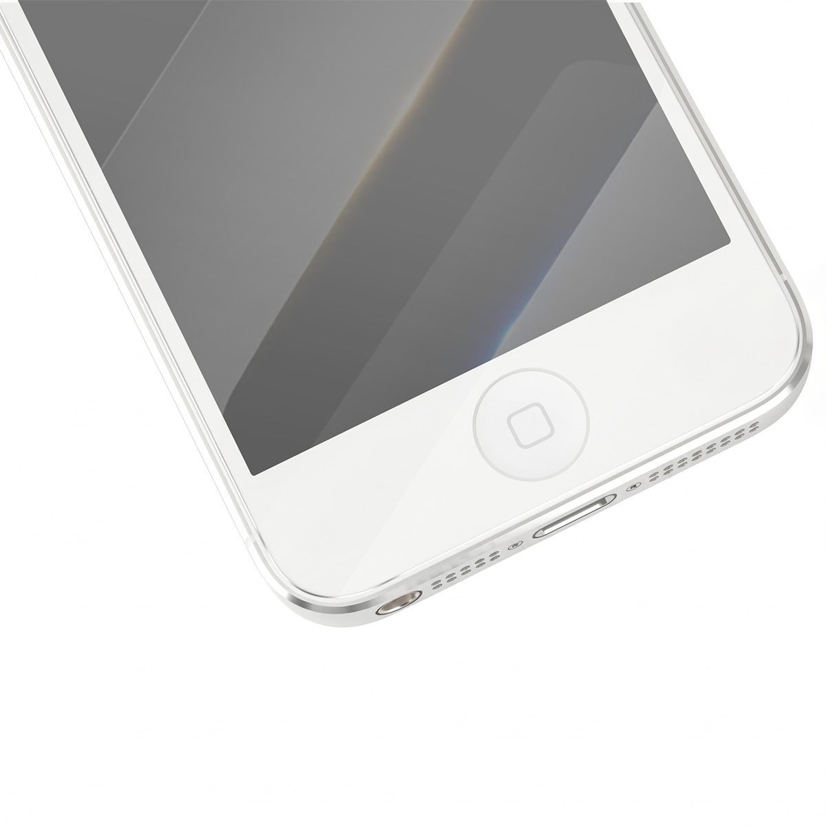 iPhone bianco con schermo grigio, tasto home e griglia altoparlante.