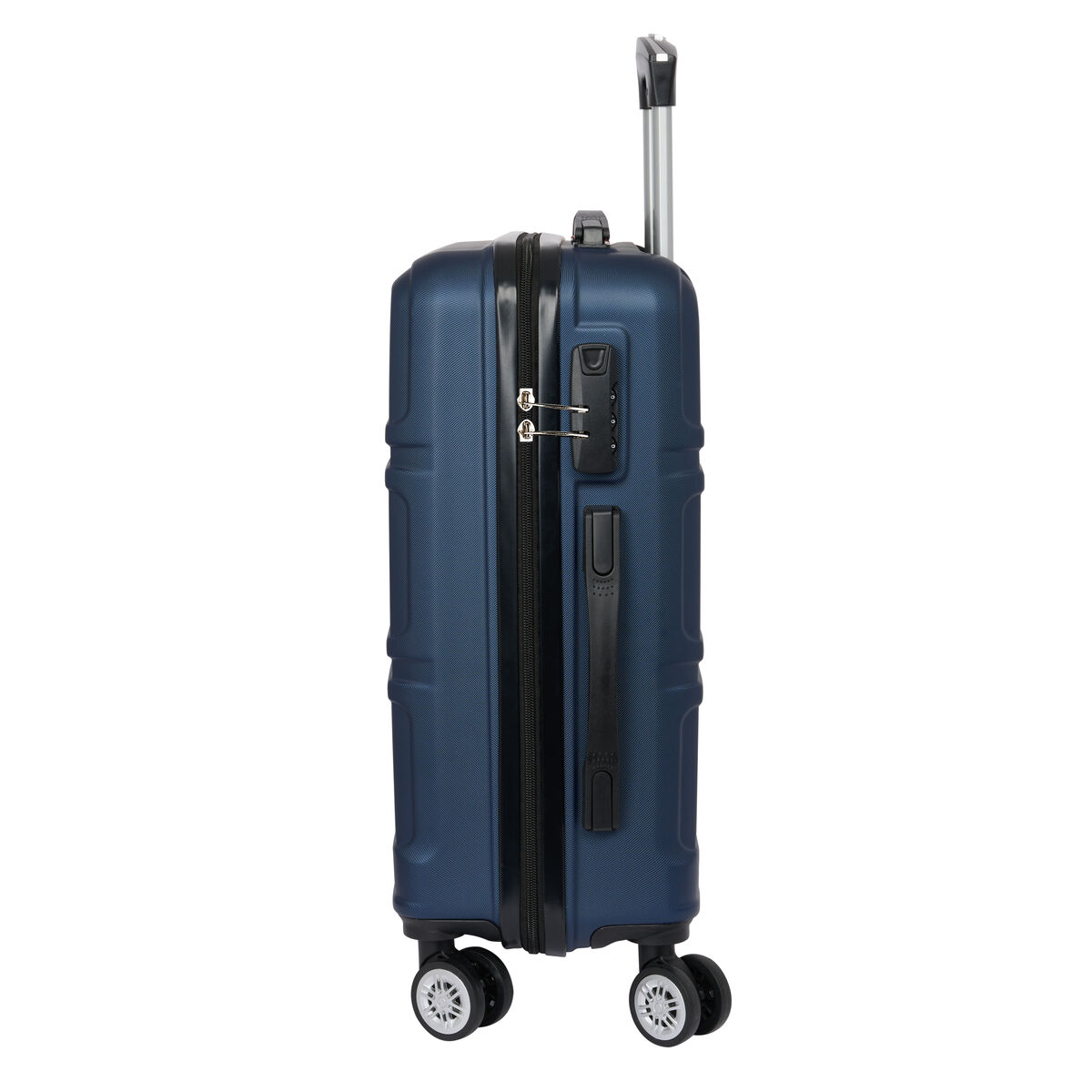 Un trolley blu navy con manico argentato e quattro ruote.