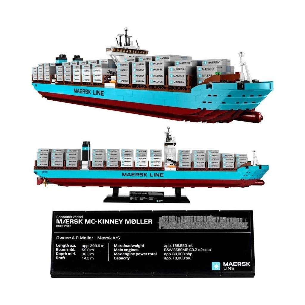 Özellikleriyle Maersk MC-Kinney Moller konteyner gemisi modelinin iki görünümü.