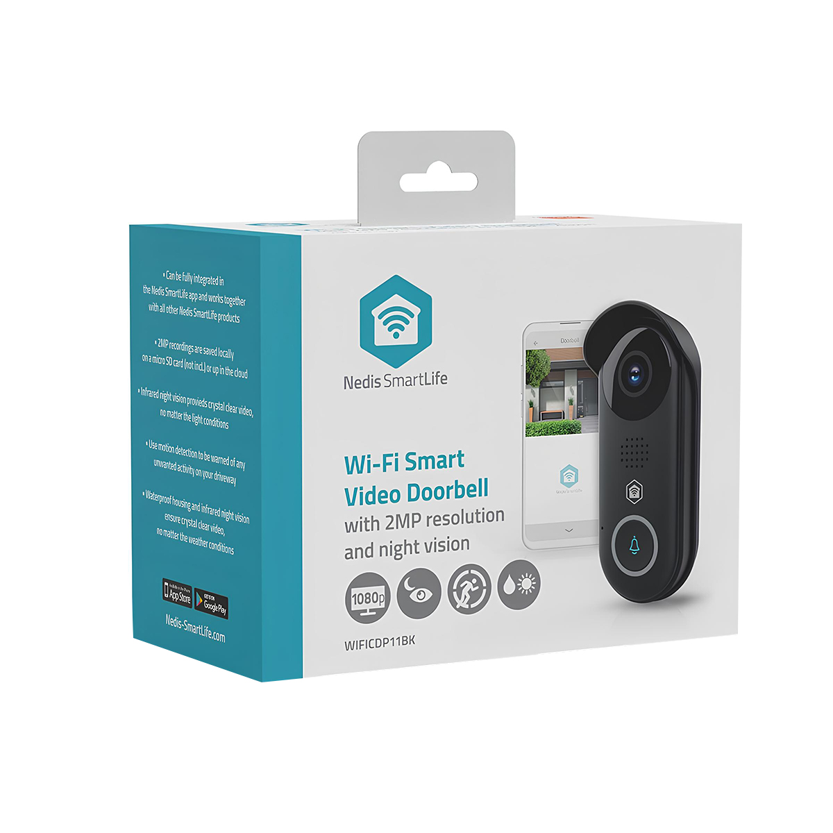 Verpakking van een Nedis Smart Wi-Fi Video Deurbel met 2MP resolutie en nachtzicht.