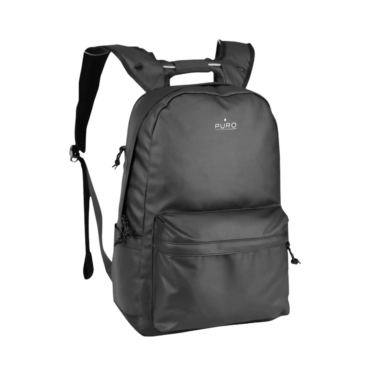 Ein schwarzer Rucksack mit einem Puro-Logo, der auf weißem Hintergrund steht.