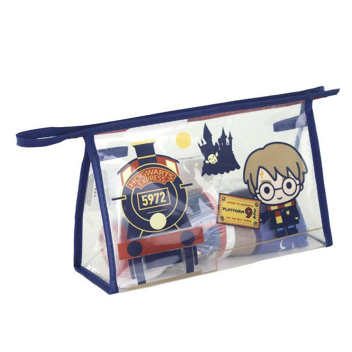 Klarer Beutel mit Harry Potter Motiv, Zug und Hogwarts.