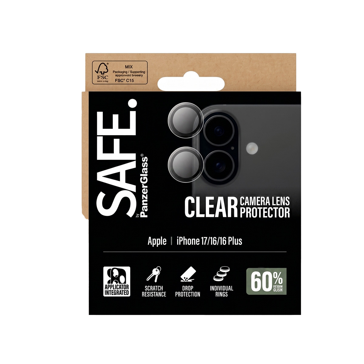 Confezione per protettore lente fotocamera SAFE. PanzerGlass per iPhone 17/16/16 Plus.