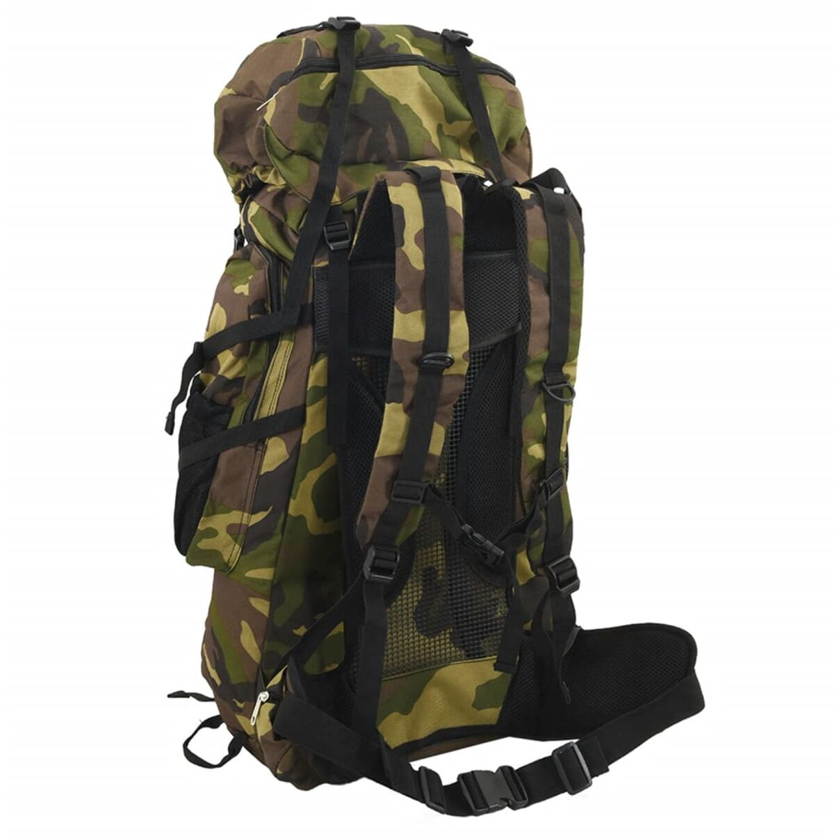 Tarnfarbener Rucksack mit schwarzen Gurten und Schnallen, auf weißem Hintergrund.