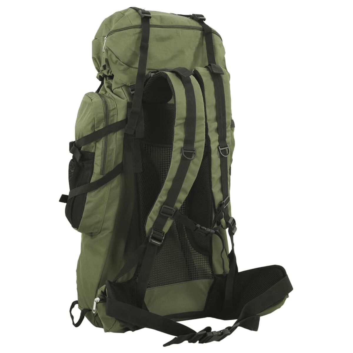 Grüner Rucksack mit schwarzen Trägern und Schnallen, mit Netzrückenteil.