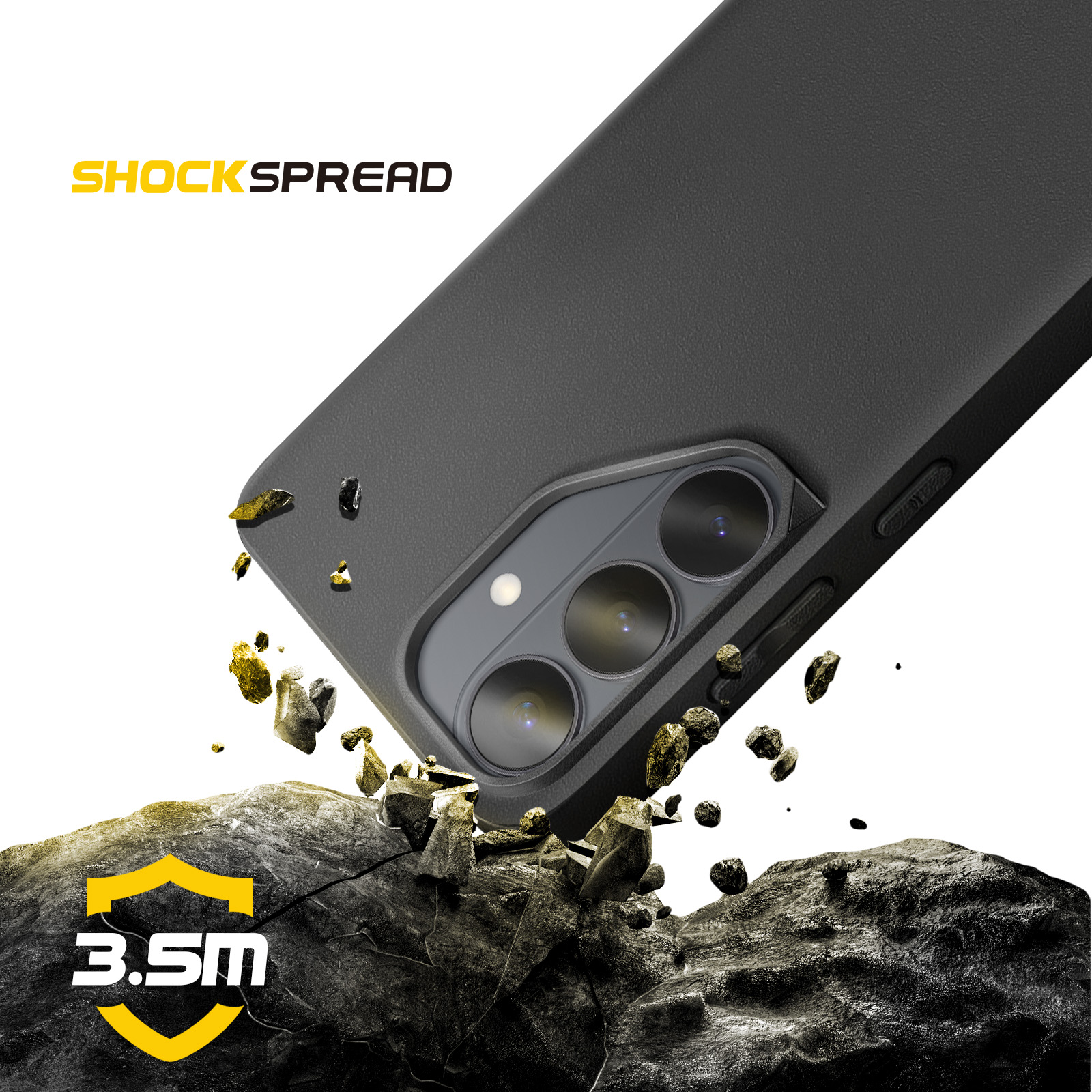 Schwarzes Handy-Case fällt auf Steine, mit "SHOCKSPREAD" und "3.5m" Logos.