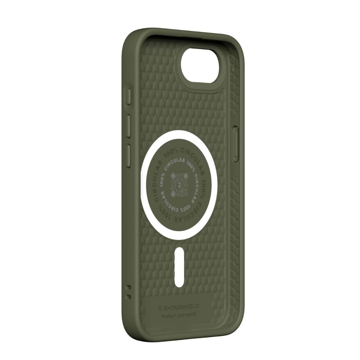 Groene iPhone hoes met cirkelvormige print, honingraatpatroon aan binnenzijde.