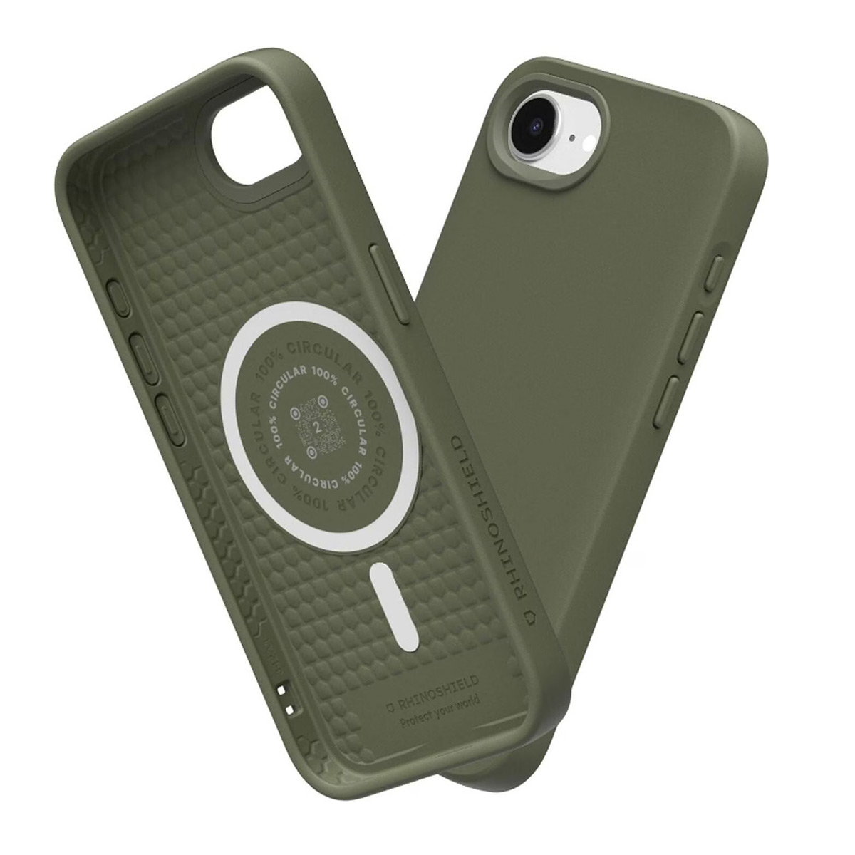 Een groene telefoonhoes ligt voor een telefoon op een witte achtergrond.