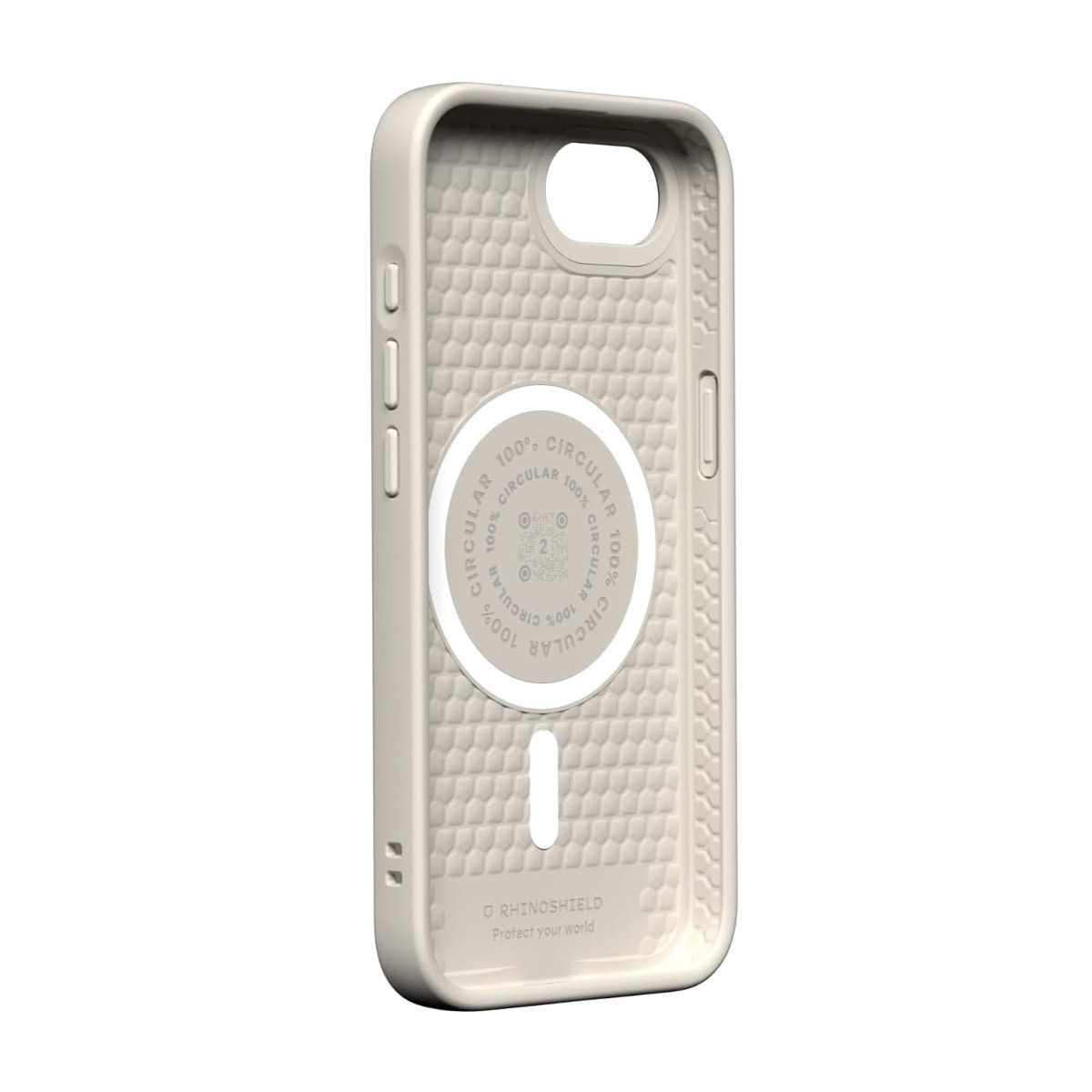 Achterkant van een lichtbeige telefoonhoesje met magneetring en honingraatpatroon.