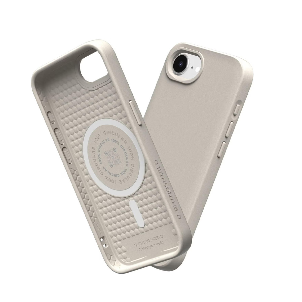 Een beige iPhone hoesje, binnenaanzicht met cirkelvormige iconen.