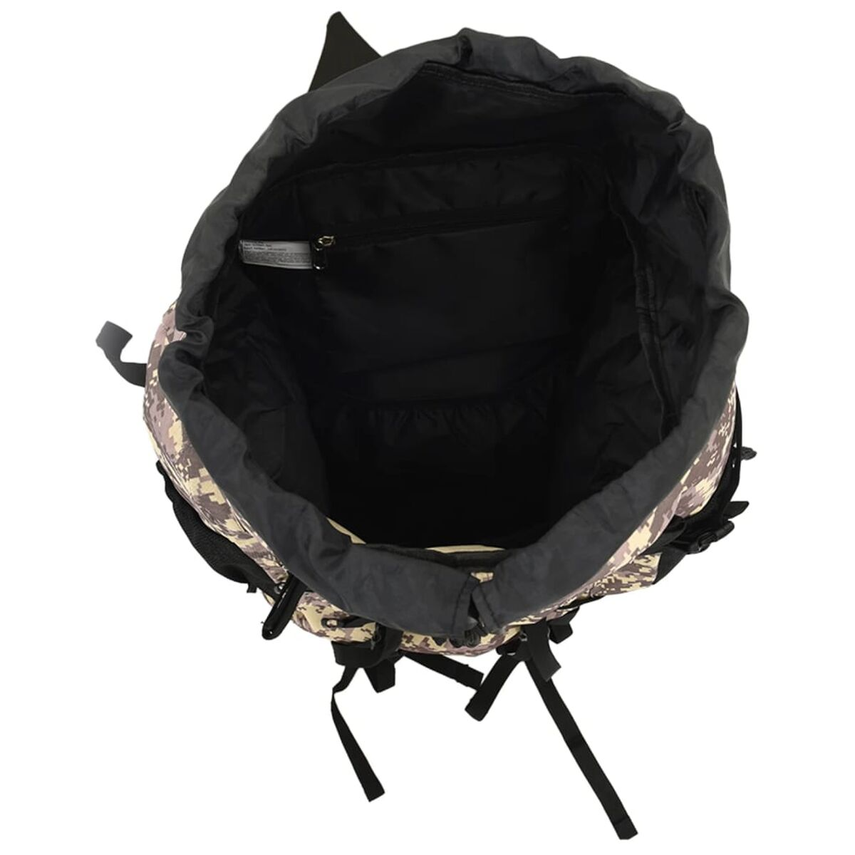 Eine digitale Tarnrucksacktasche mit offenem Hauptfach und schwarzen Gurten.