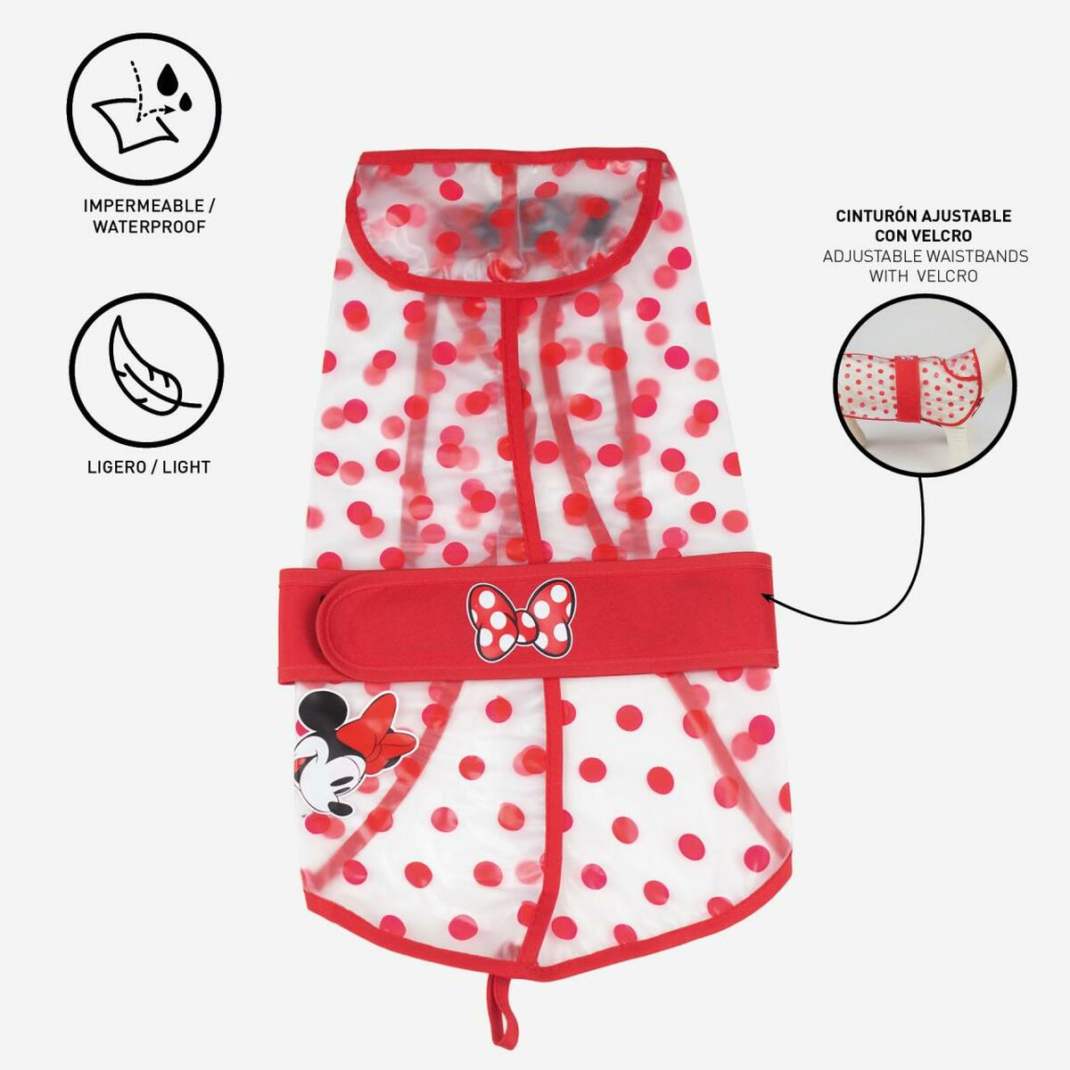 Transparenter Hundemantel mit roten Punkten, Minnie Maus-Detail und rotem Gürtel.