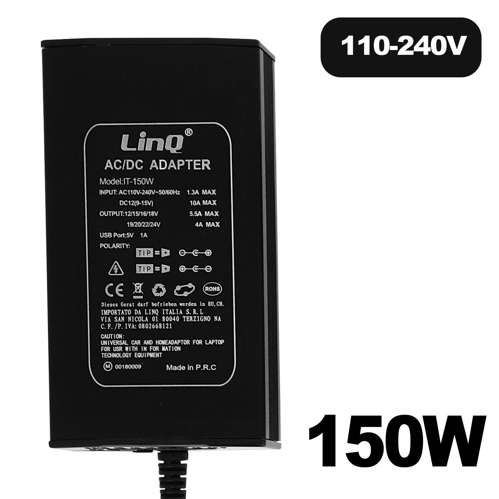 Adaptador AC/DC Linq negro, 150W, con voltaje de entrada 110-240V.