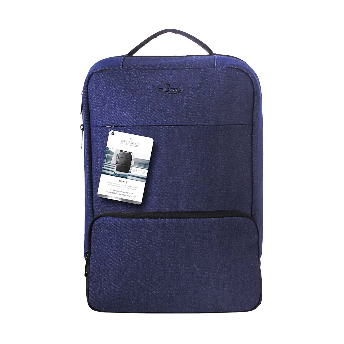 Ein dunkelblauer Rucksack mit einem Etikett, das einen Laptop-Rucksack zeigt.
