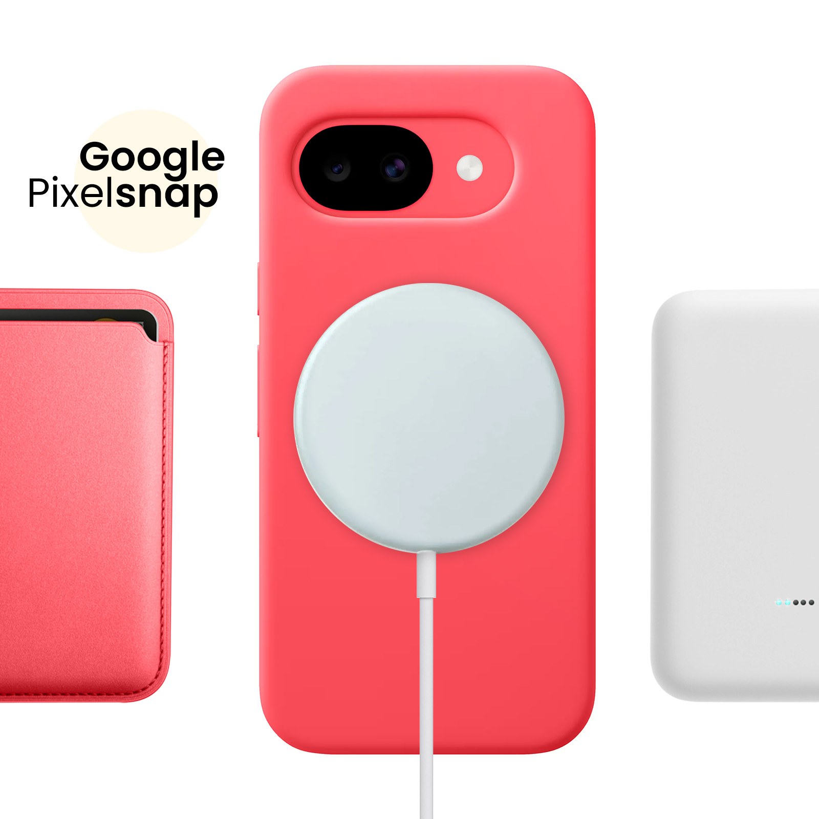 Roter Handy-Case mit weißem Ladekabel und weißem Ladeadapter.