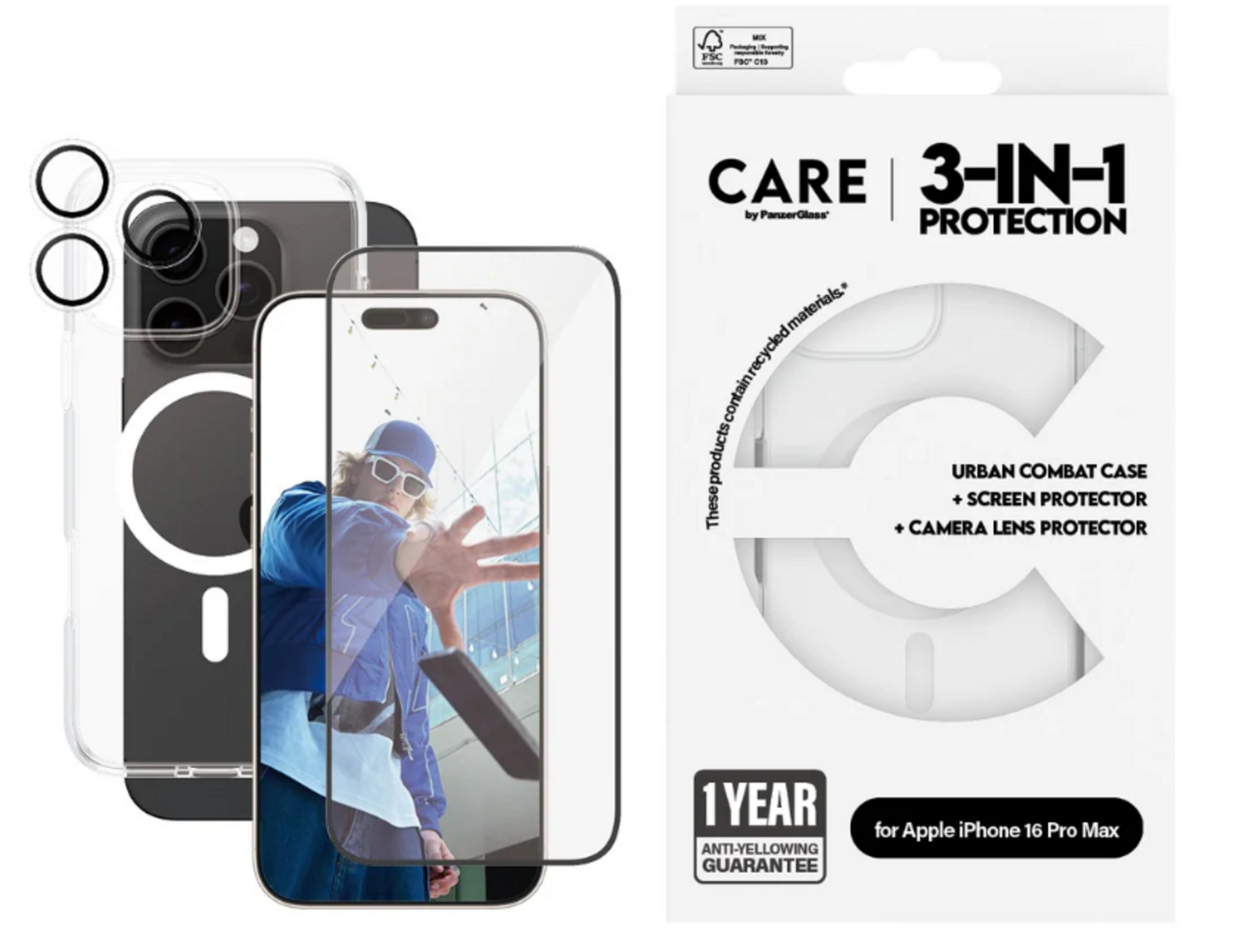 Custodia 3 in 1, protezione schermo e protezione lente fotocamera per iPhone 16 Pro Max.