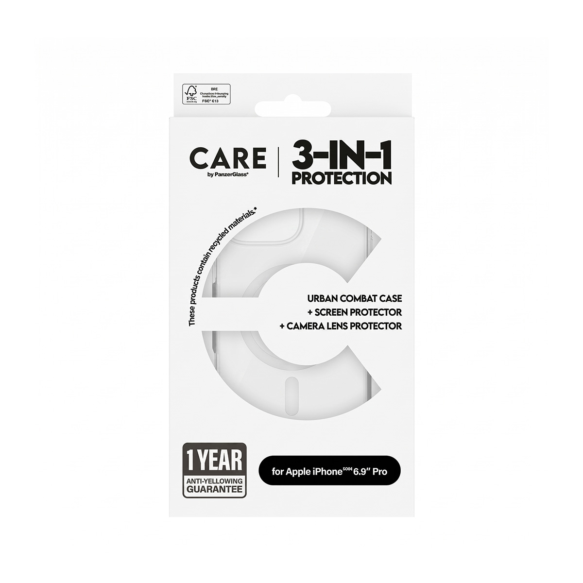 Scatola per custodia protettiva PanzerGlass CARE 3-IN-1, schermo e protezione lente.