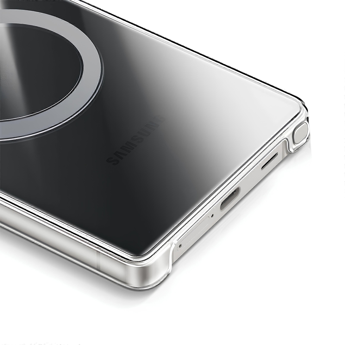 Funda transparente para teléfono con anillo plateado, logo Samsung y puerto de carga.