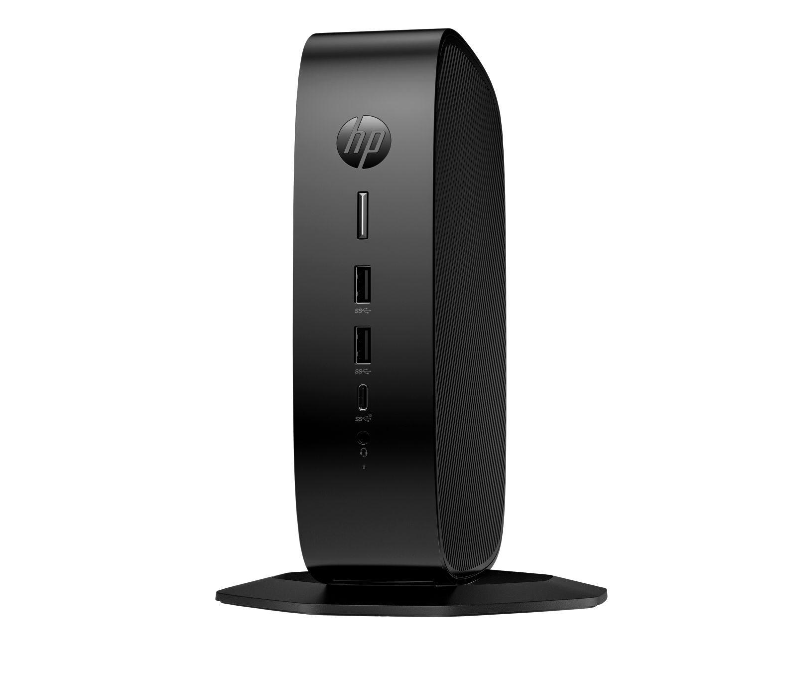 Un mini PC HP nero su un supporto con porte frontali.