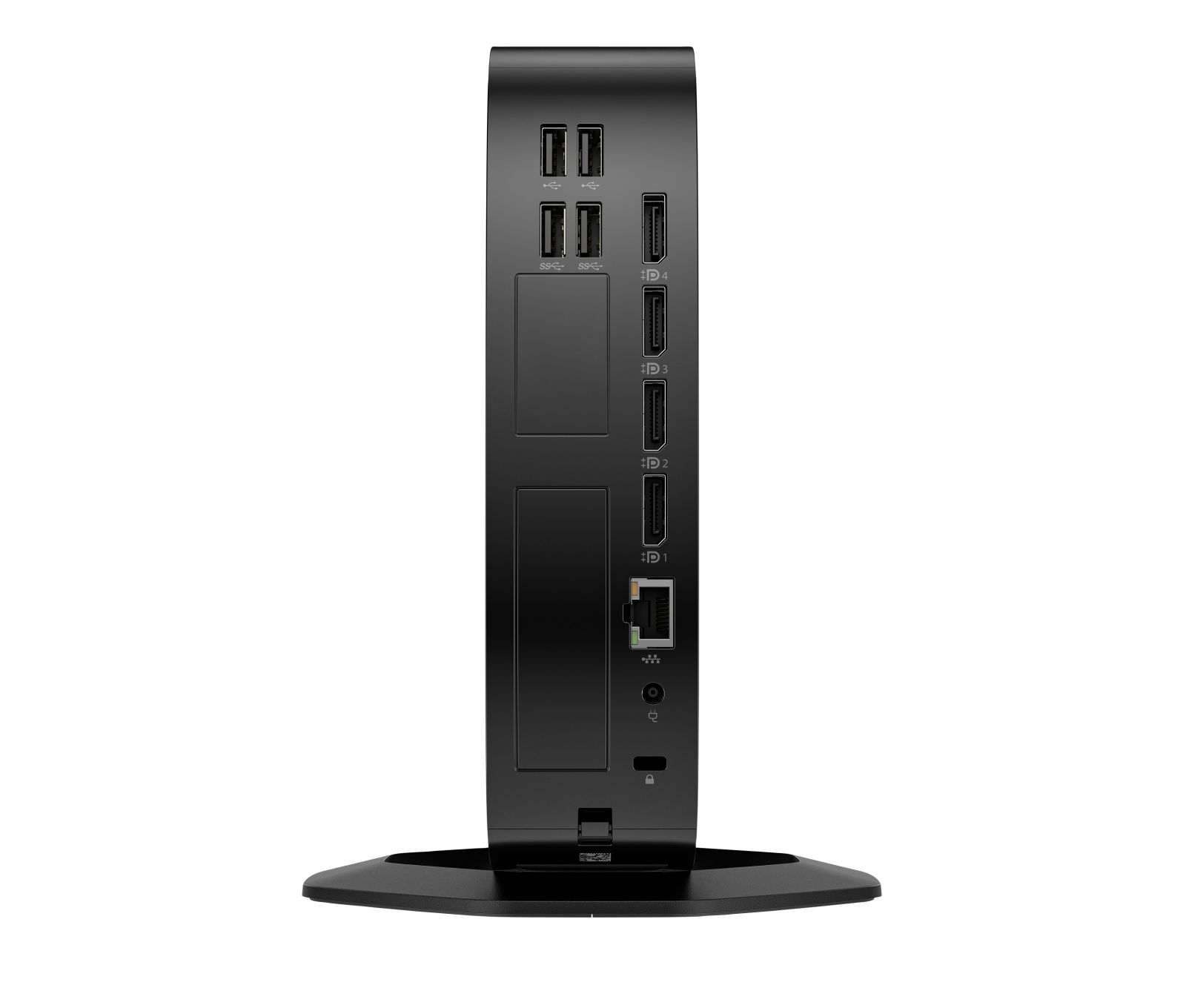 Torre PC nera con porte, su supporto.